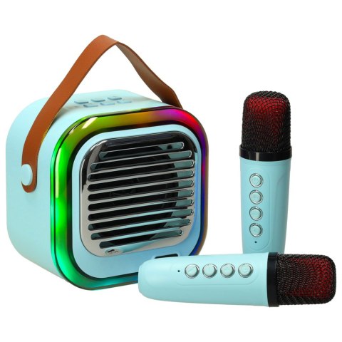 Zestaw do karaoke głośnik Bluetooth 2 mikrofony USB LED 10W niebieski